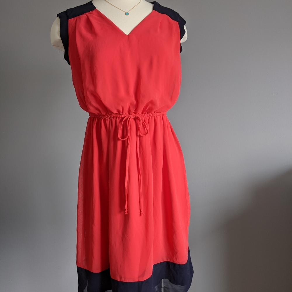 Navy Blue and Bright Red V Neck Dress, Work, Formal, Business